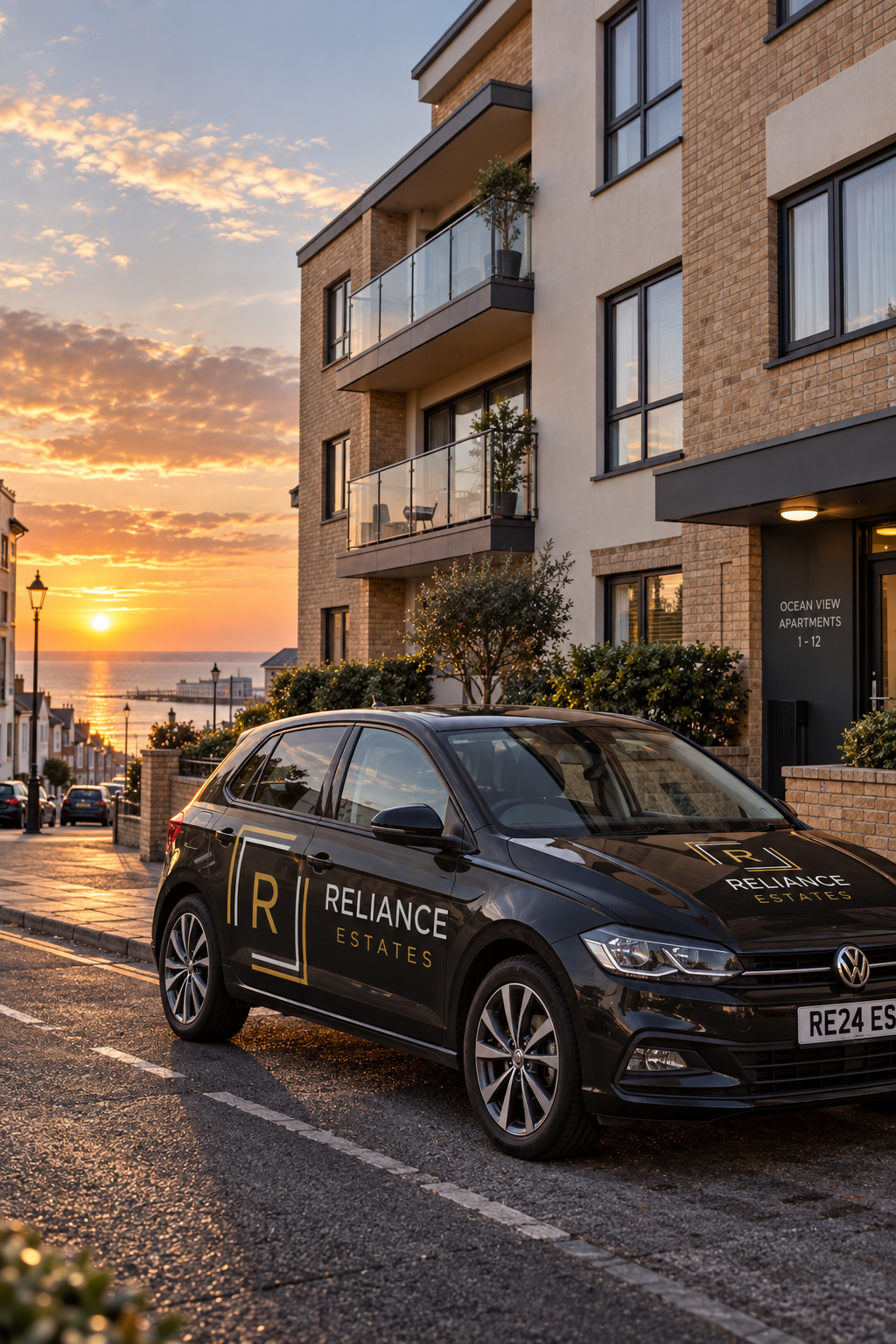 The Reliance Estates branded car parked outside Ocean View Apartments at sunset, with the sea beyond