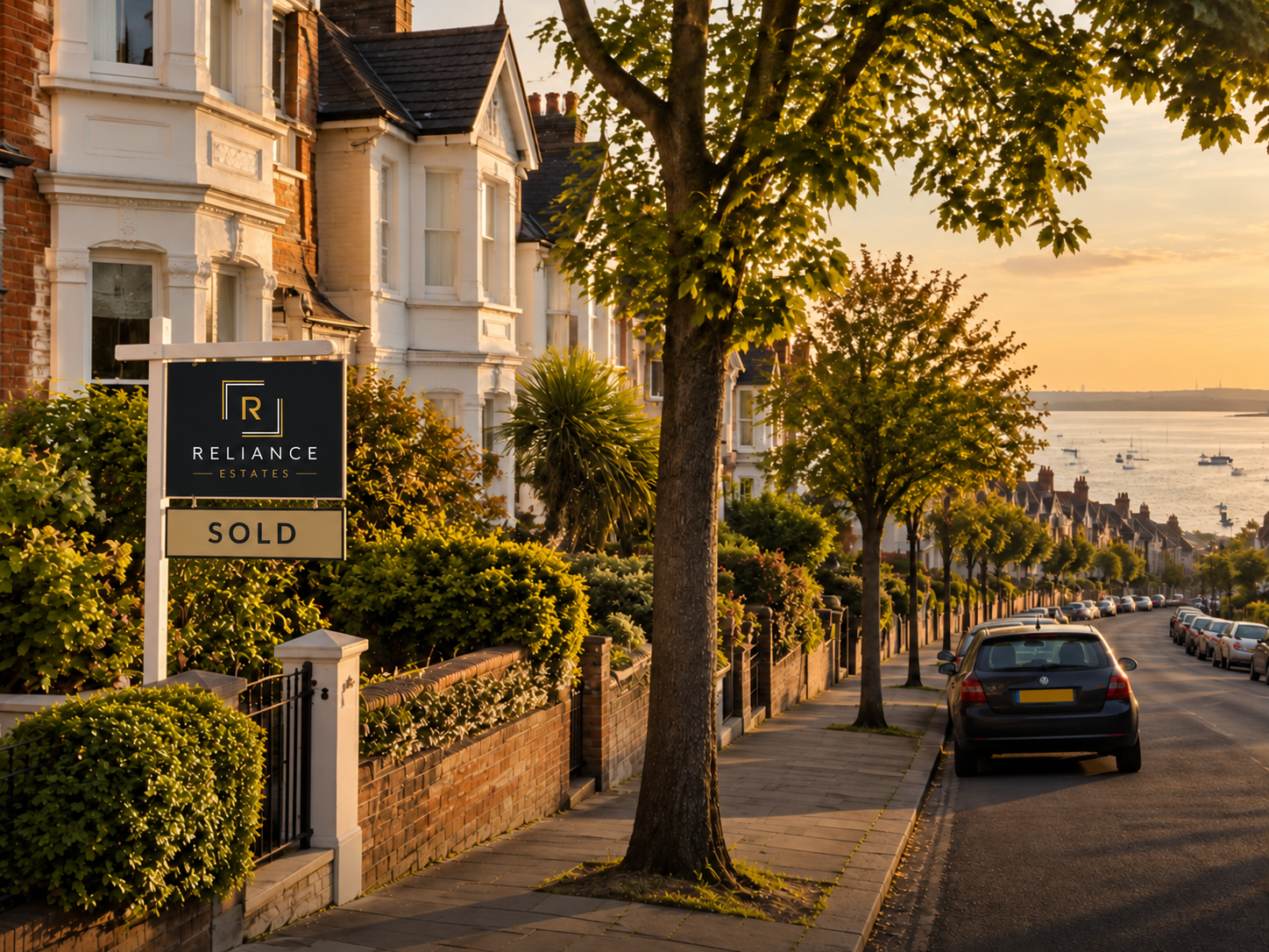 A tree-lined residential street in Leigh-on-Sea at sunset, with a Reliance Estates SOLD board outside a period home and the estuary beyond