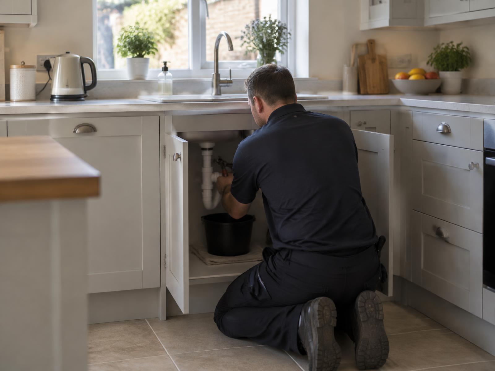 A maintenance plumber working on the pipework beneath a kitchen sink, seen from behind