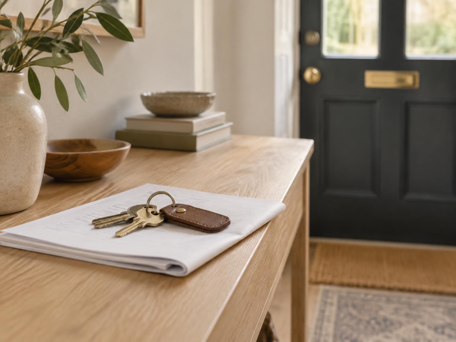 House keys and a tenancy agreement on a hall table beside a front door